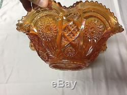 Antique Imperial Glass Marigold Carnival Glass Punch Bowl, Stand, & (4) Cups