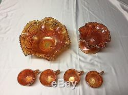Antique Imperial Glass Marigold Carnival Glass Punch Bowl, Stand, & (4) Cups