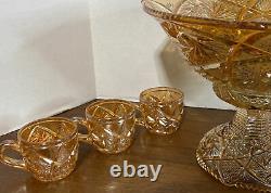 Antique Imperial Glass Marigold Carnival Glass Punch Bowl & Stand With 6 Cups