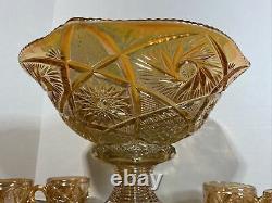 Antique Imperial Glass Marigold Carnival Glass Punch Bowl & Stand With 6 Cups