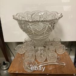 Antique Imperial Whirling Star Glass Punch Bowl Set 15 Pc Glass Ladle Orignl Box