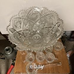 Antique Imperial Whirling Star Glass Punch Bowl Set 15 Pc Glass Ladle Orignl Box