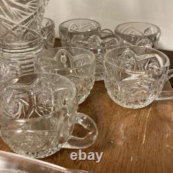 Antique Imperial Whirling Star Glass Punch Bowl Set 15 Pc Glass Ladle Orignl Box