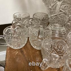 Antique Imperial Whirling Star Glass Punch Bowl Set 15 Pc Glass Ladle Orignl Box