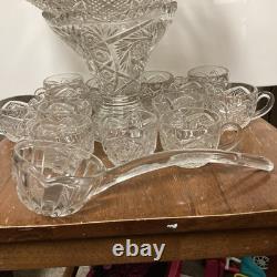 Antique Imperial Whirling Star Glass Punch Bowl Set 15 Pc Glass Ladle Orignl Box