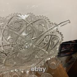 Antique Imperial Whirling Star Glass Punch Bowl Set 15 Pc Glass Ladle Orignl Box