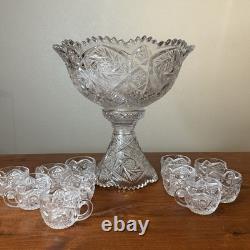 Antique Imperial Whirling Star Glass Punch Bowl Stand Set 11 Pc Glasses