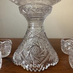 Antique Imperial Whirling Star Glass Punch Bowl Stand Set 11 Pc Glasses
