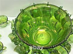 Antique Indiana Green Depression Glass Punch Bowl 18 Cups Grape Leaf -2.3