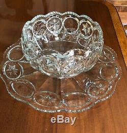 Antique L. E. Smith Set Punch Bowl 13 Cups Platter Cut Glass/Crystal Moon & Stars