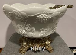 Antique Lancaster Colony Co. Milk Glass Grape Harvest Punch Bowl WithStand & Ladle