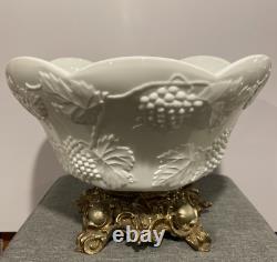 Antique Lancaster Colony Co. Milk Glass Grape Harvest Punch Bowl WithStand & Ladle