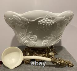 Antique Lancaster Colony Co. Milk Glass Grape Harvest Punch Bowl WithStand & Ladle