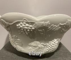 Antique Lancaster Colony Co. Milk Glass Grape Harvest Punch Bowl WithStand & Ladle