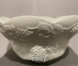 Antique Lancaster Colony Co. Milk Glass Grape Harvest Punch Bowl WithStand & Ladle