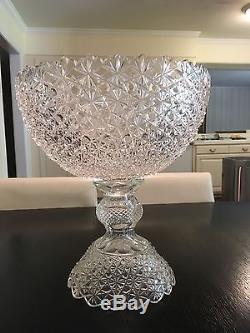 Antique Large Brilliant Cut Glass Crystal Punch Bowl On Pedestal