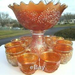 Antique Marigold Fenton Carnival Glass Orange Fruit Punch Bowl Set Imperial Cups