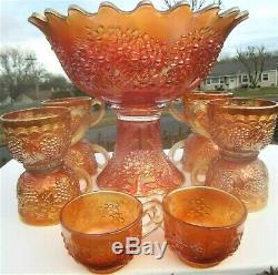 Antique Marigold Fenton Carnival Glass Orange Fruit Punch Bowl Set Imperial Cups