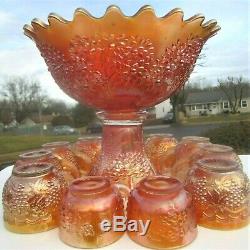 Antique Marigold Fenton Carnival Glass Orange Fruit Punch Bowl Set Imperial Cups