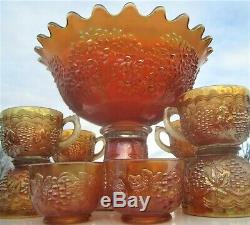 Antique Marigold Fenton Carnival Glass Orange Fruit Punch Bowl Set Imperial Cups
