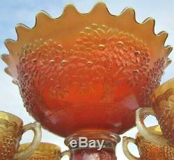 Antique Marigold Fenton Carnival Glass Orange Fruit Punch Bowl Set Imperial Cups