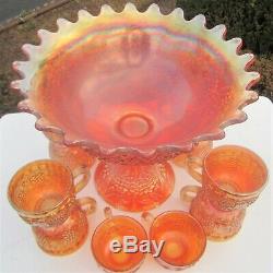 Antique Marigold Fenton Carnival Glass Orange Fruit Punch Bowl Set Imperial Cups