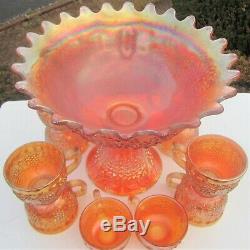 Antique Marigold Fenton Carnival Glass Orange Fruit Punch Bowl Set Imperial Cups