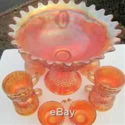 Antique Marigold Fenton Carnival Glass Orange Fruit Punch Bowl Set Imperial Cups