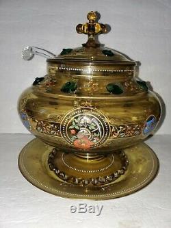 Antique Moser LiIdded Glass Punchbowl Gorgeous Enamel Detail Applied Glass Jewel
