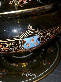 Antique Moser LiIdded Glass Punchbowl Gorgeous Enamel Detail Applied Glass Jewel