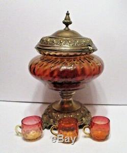 Antique New England Amberina Punch Bowl Tureen & 3 Punch Cups Victorian Brass