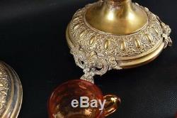 Antique New England Amberina Punch Bowl Tureen & 3 Punch Cups Victorian Brass