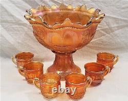 Antique Northwood Carnival Glass Marigold Peacock at the Fountain Punchbowl Set