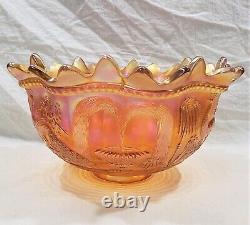 Antique Northwood Carnival Glass Marigold Peacock at the Fountain Punchbowl Set