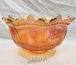 Antique Northwood Carnival Glass Marigold Peacock at the Fountain Punchbowl Set