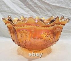 Antique Northwood Carnival Glass Marigold Peacock at the Fountain Punchbowl Set