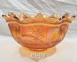 Antique Northwood Carnival Glass Marigold Peacock at the Fountain Punchbowl Set