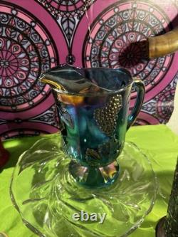 Antique Northwood Carnival GlassGrape and Cable Pitcher Blue Amethyst Iridescent