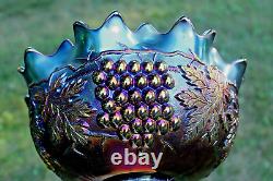 Antique Northwood Grape And Cable Carnival Glass Stippled 8 Pc Punch Set Blue