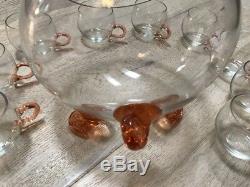 Antique Pink Depression Glass Footed Punch Bowl Set 9 Cups Rare Estate Find