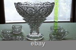 Antique Pressed Glass Punch Bowl, Stand And 6 Cups