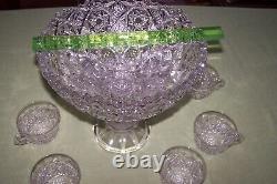 Antique Pressed Glass Punch Bowl, Stand And 6 Cups