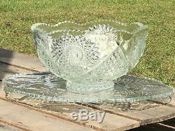 Antique Punch Bowl McKee Sawtooth Cut Glass & Matching Serving Plate