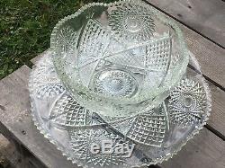 Antique Punch Bowl McKee Sawtooth Cut Glass & Matching Serving Plate