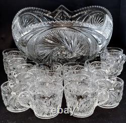 Antique Punch Bowl Set, EAPG McKee Glass, Quintec PresCut Line, 16 Cups + Bowl