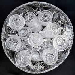 Antique Punch Bowl Set, EAPG McKee Glass, Quintec PresCut Line, 16 Cups + Bowl