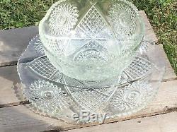 Antique Sawtooth Cut Glass Punch Bowl & Matching Snack Cut Glass Plate Dish