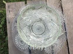 Antique Sawtooth Cut Glass Punch Bowl & Matching Snack Cut Glass Plate Dish