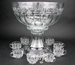 Antique Signed Heisey Glass Punch Bowl on Stand with 8 Cups GREEK KEY