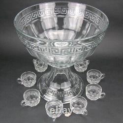 Antique Signed Heisey Glass Punch Bowl on Stand with 8 Cups GREEK KEY